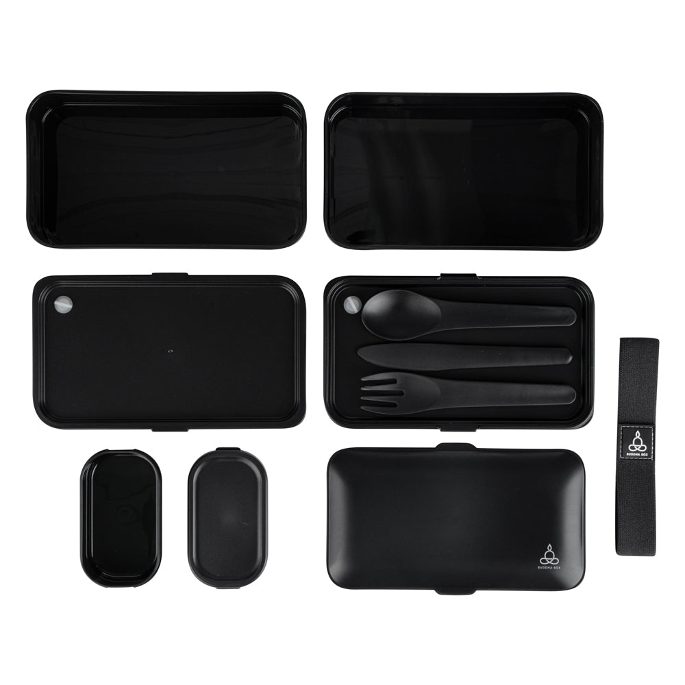 Bento Tek 41 oz Black Buddha Box All-in-One Lunch Box - with Utensils, Sauce Cup - 7 1/4" x 4 1/4" x 4" - 1 count box