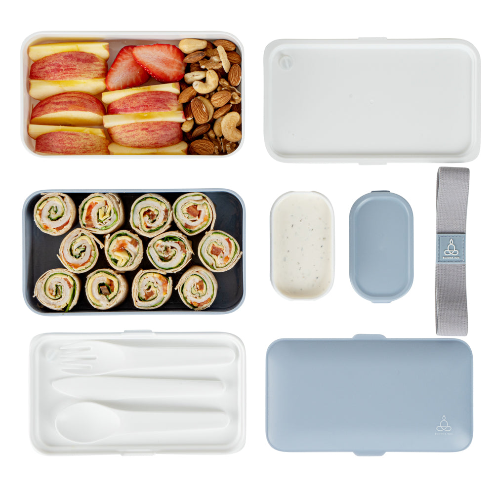 Bento Tek 41 oz Blue and White Buddha Box All-in-One Lunch Box - with Utensils, Sauce Cup - 7 1/4" x 4 1/4" x 4" - 1 count box