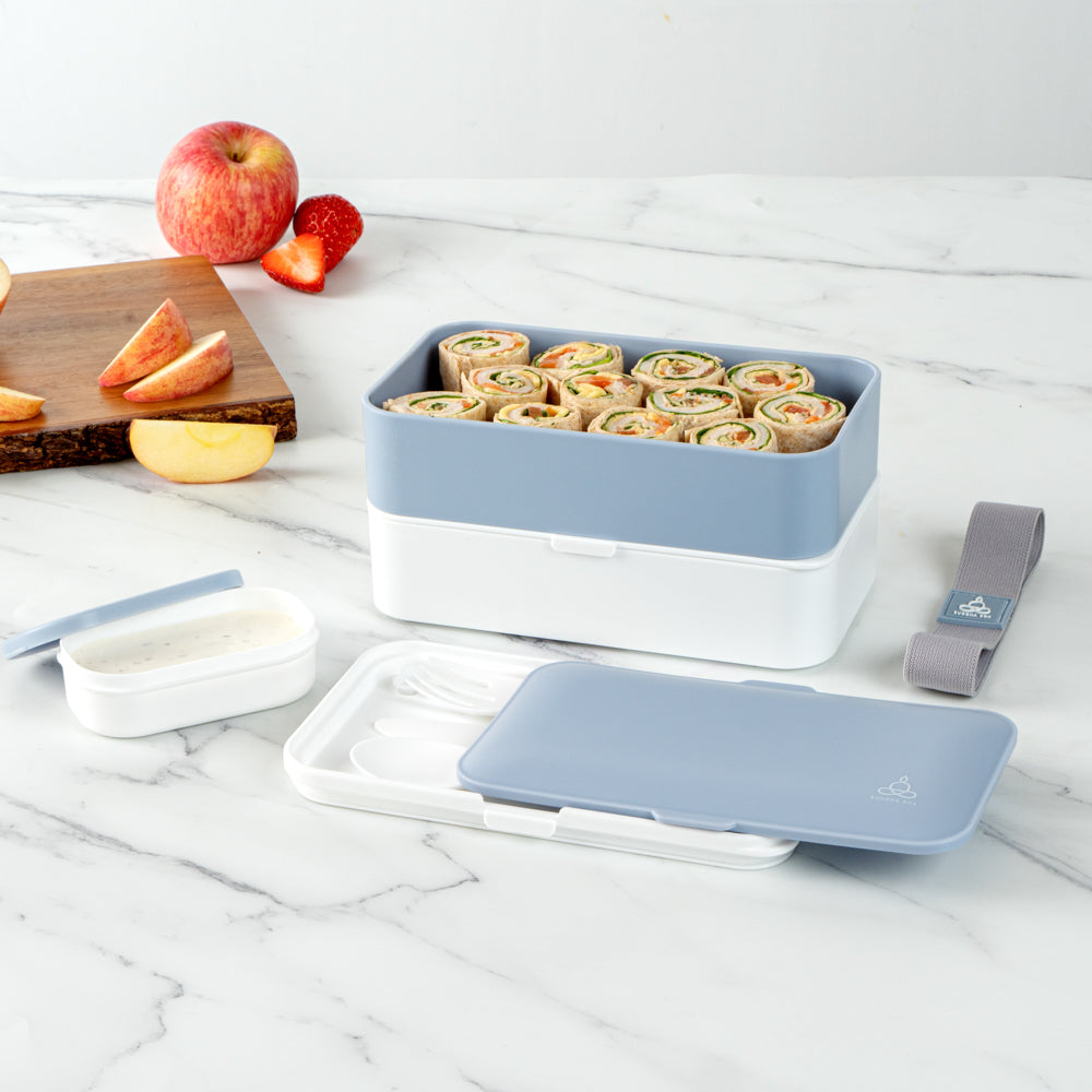 Bento Tek 41 oz Blue and White Buddha Box All-in-One Lunch Box - with Utensils, Sauce Cup - 7 1/4" x 4 1/4" x 4" - 1 count box