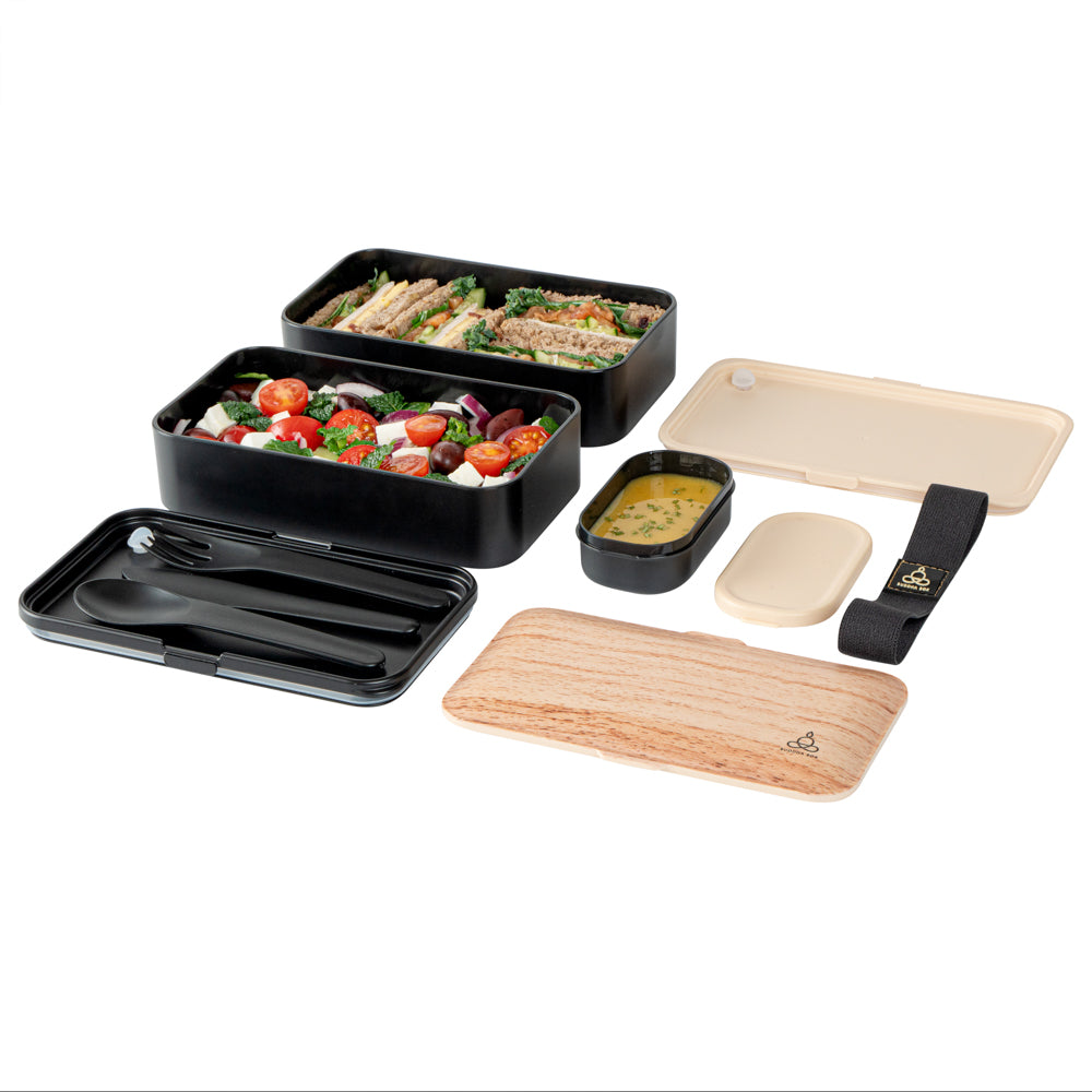 Bento Tek 41 oz Wood Grain and Black Buddha Box All-in-One Lunch Box - with Utensils, Sauce Cup - 7 1/4" x 4 1/4" x 4" - 1 count box