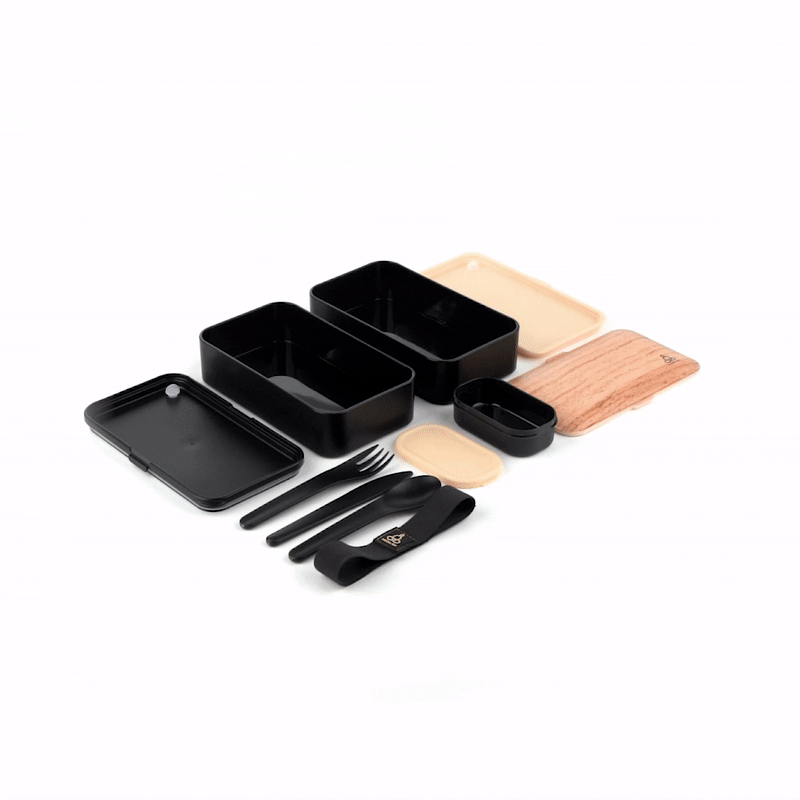 Bento Tek 41 oz Wood Grain and Black Buddha Box All-in-One Lunch Box - with Utensils, Sauce Cup - 7 1/4" x 4 1/4" x 4" - 1 count box