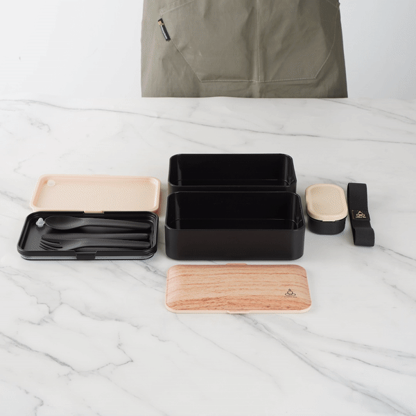 Bento Tek 41 oz Wood Grain and Black Buddha Box All-in-One Lunch Box - with Utensils, Sauce Cup - 7 1/4" x 4 1/4" x 4" - 1 count box