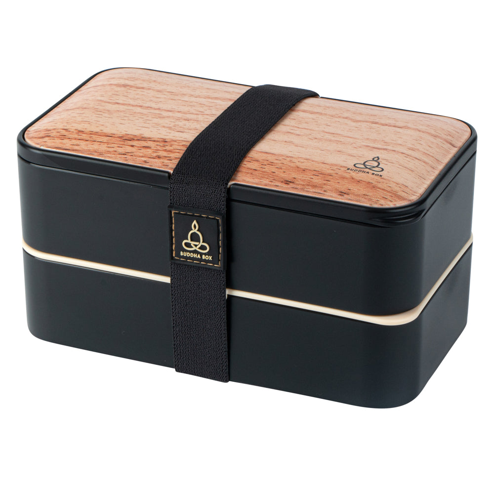 Bento Tek 41 oz Wood Grain and Black Buddha Box All-in-One Lunch Box - with Utensils, Sauce Cup - 7 1/4" x 4 1/4" x 4" - 1 count box