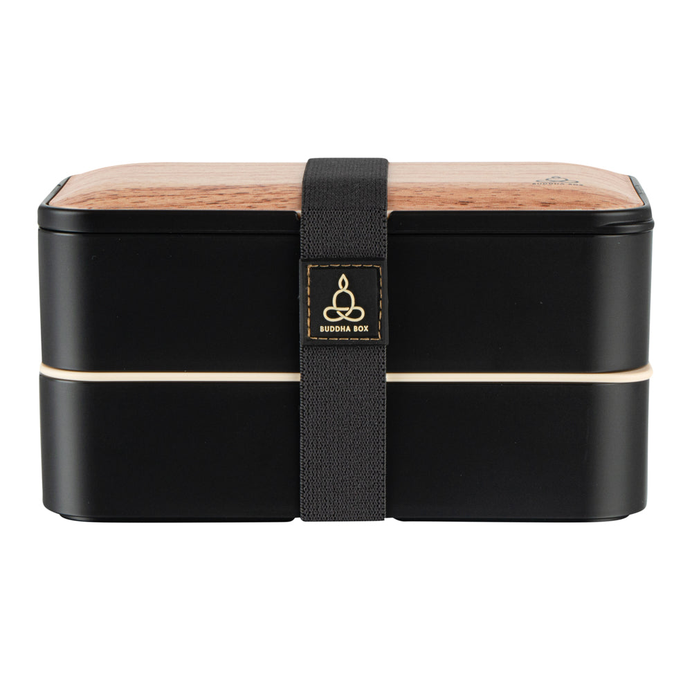 Bento Tek 41 oz Wood Grain and Black Buddha Box All-in-One Lunch Box - with Utensils, Sauce Cup - 7 1/4" x 4 1/4" x 4" - 1 count box