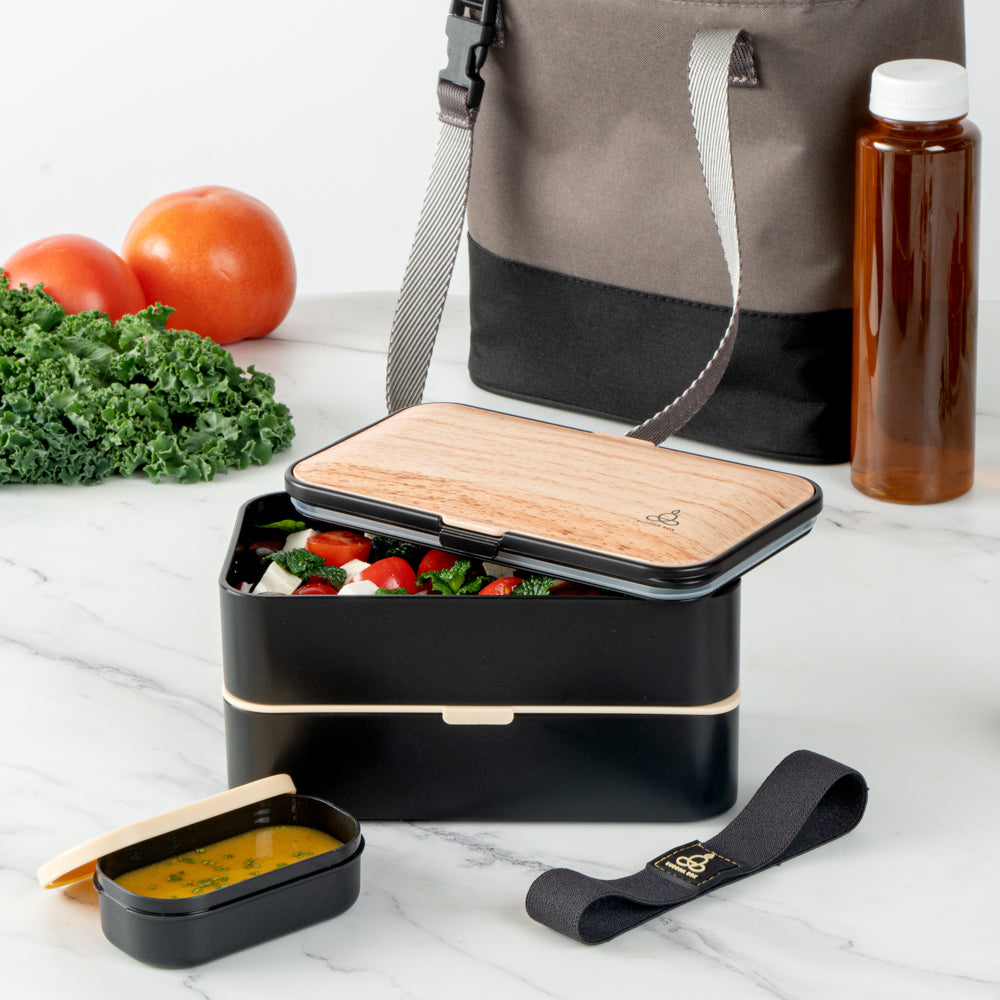 Bento Tek 41 oz Wood Grain and Black Buddha Box All-in-One Lunch Box - with Utensils, Sauce Cup - 7 1/4" x 4 1/4" x 4" - 1 count box