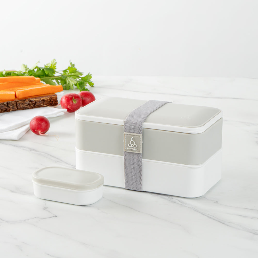 Bento Tek 41 oz Gray and White Buddha Box All-in-One Lunch Box - with Utensils, Sauce Cup - 7 1/4" x 4 1/4" x 4" - 1 count box