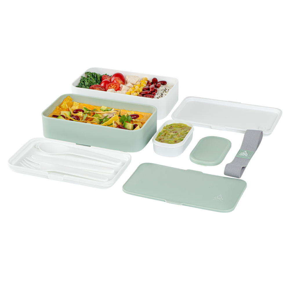Bento Tek 41 oz Green and White Buddha Box All-in-One Lunch Box - with Utensils, Sauce Cup - 7 1/4" x 4 1/4" x 4" - 1 count box
