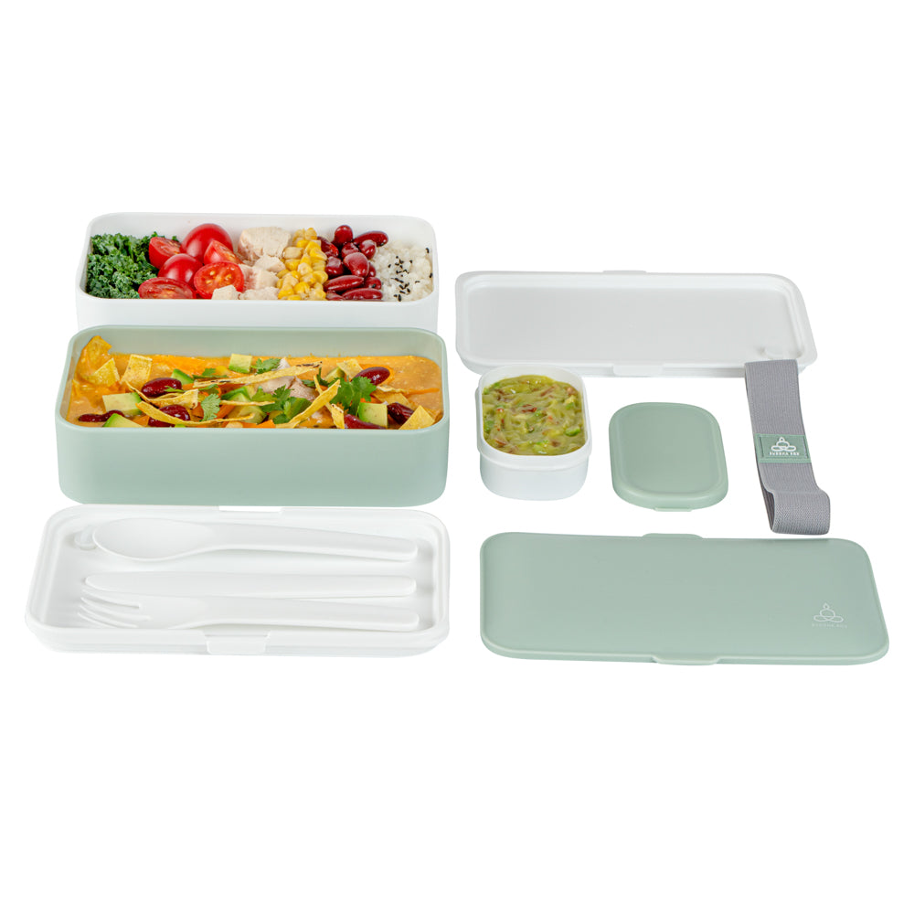 Bento Tek 41 oz Green and White Buddha Box All-in-One Lunch Box - with Utensils, Sauce Cup - 7 1/4" x 4 1/4" x 4" - 1 count box
