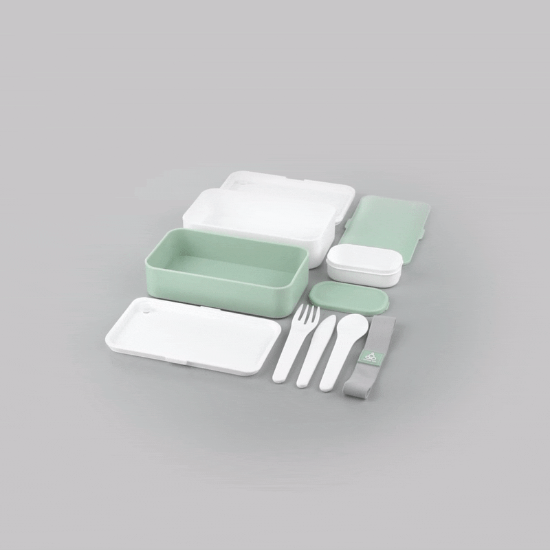 Bento Tek 41 oz Green and White Buddha Box All-in-One Lunch Box - with Utensils, Sauce Cup - 7 1/4" x 4 1/4" x 4" - 1 count box