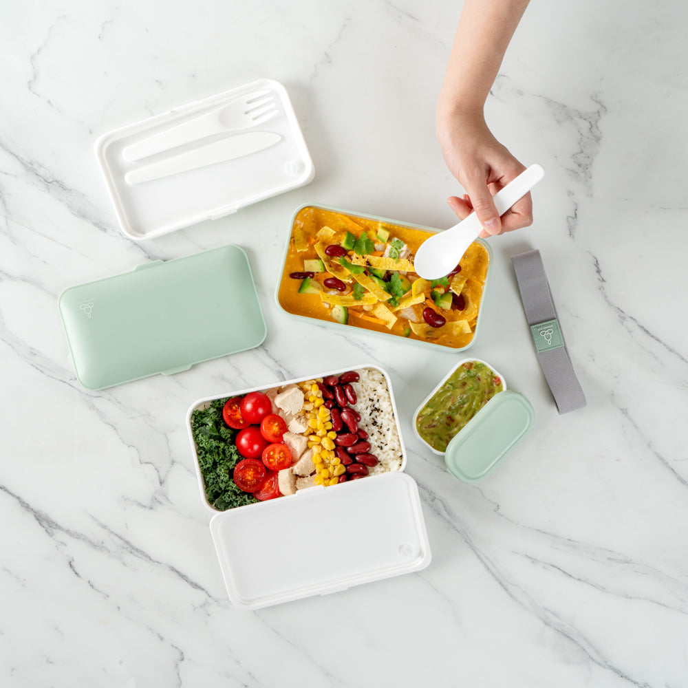 Bento Tek 41 oz Green and White Buddha Box All-in-One Lunch Box - with Utensils, Sauce Cup - 7 1/4" x 4 1/4" x 4" - 1 count box