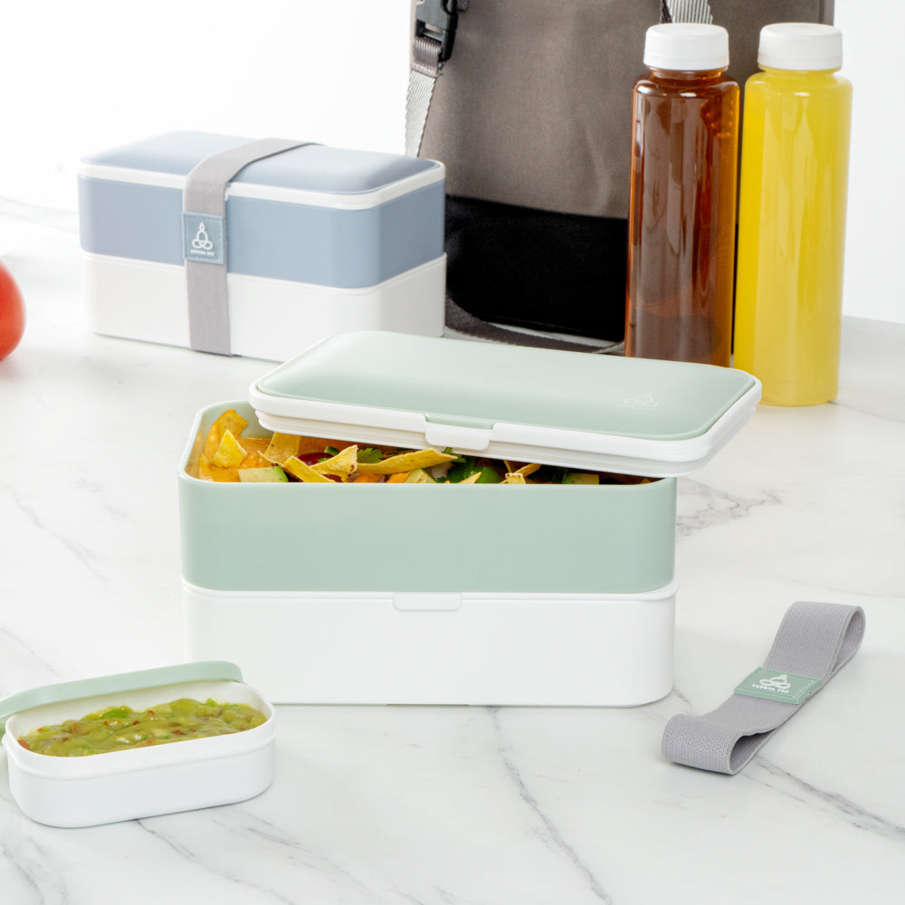 Bento Tek 41 oz Green and White Buddha Box All-in-One Lunch Box - with Utensils, Sauce Cup - 7 1/4" x 4 1/4" x 4" - 1 count box