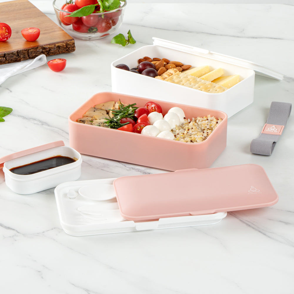 Bento Tek 41 oz Pink and White Buddha Box All-in-One Lunch Box - with Utensils, Sauce Cup - 7 1/4" x 4 1/4" x 4" - 1 count box