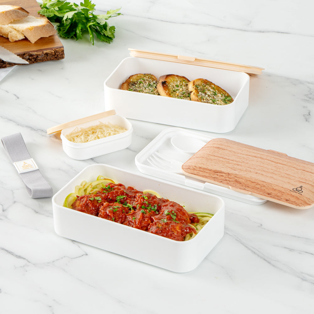 Bento Tek 41 oz Wood Grain and White Buddha Box All-in-One Lunch Box - with Utensils, Sauce Cup - 7 1/4" x 4 1/4" x 4" - 1 count box