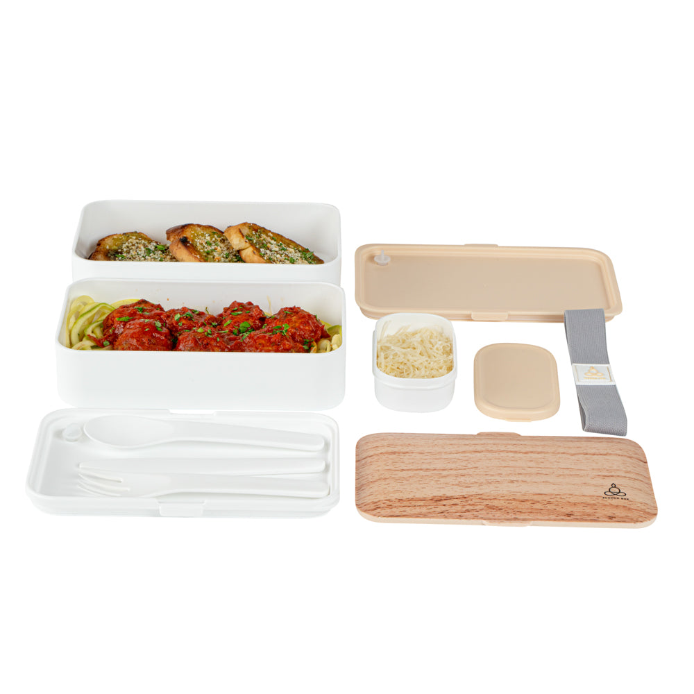 Bento Tek 41 oz Wood Grain and White Buddha Box All-in-One Lunch Box - with Utensils, Sauce Cup - 7 1/4" x 4 1/4" x 4" - 1 count box