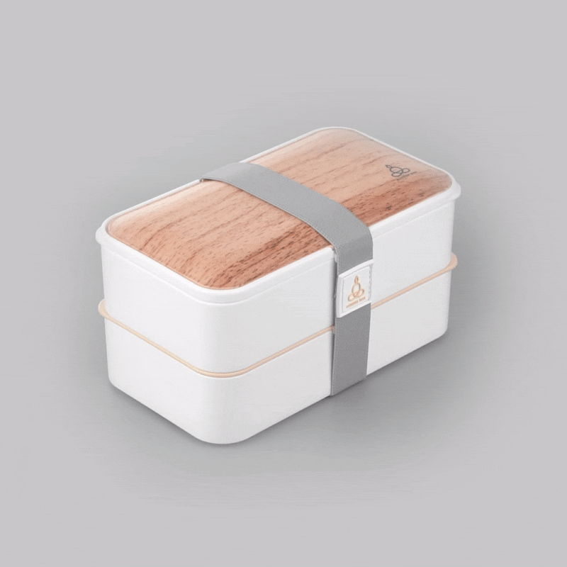 Bento Tek 41 oz Wood Grain and White Buddha Box All-in-One Lunch Box - with Utensils, Sauce Cup - 7 1/4" x 4 1/4" x 4" - 1 count box