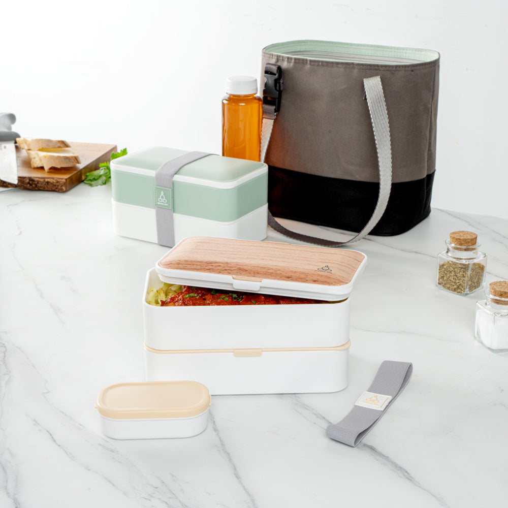 Bento Tek 41 oz Wood Grain and White Buddha Box All-in-One Lunch Box - with Utensils, Sauce Cup - 7 1/4" x 4 1/4" x 4" - 1 count box