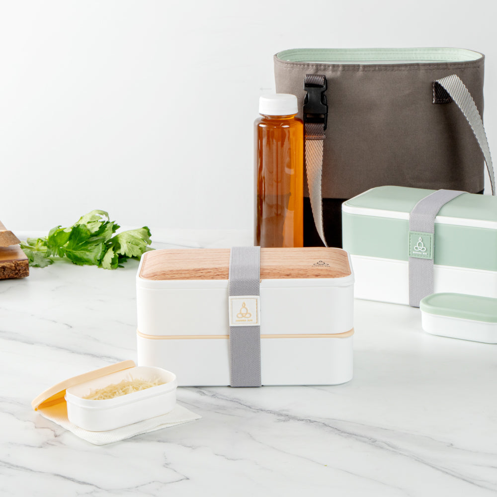 Bento Tek 41 oz Wood Grain and White Buddha Box All-in-One Lunch Box - with Utensils, Sauce Cup - 7 1/4" x 4 1/4" x 4" - 1 count box