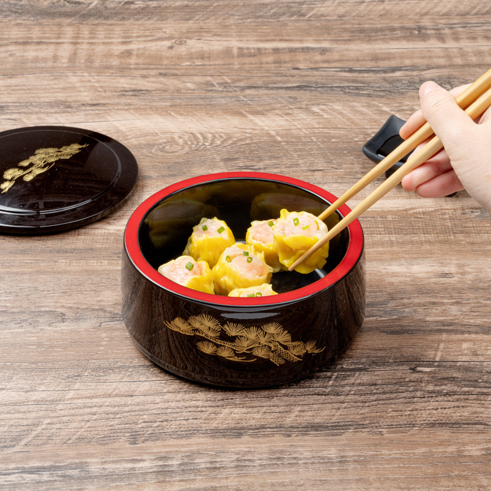 Bento Tek 25 oz Round Black Japanese Style Bento Box - 6 1/2" x 6 1/2" x 3 1/4" - 1 count box