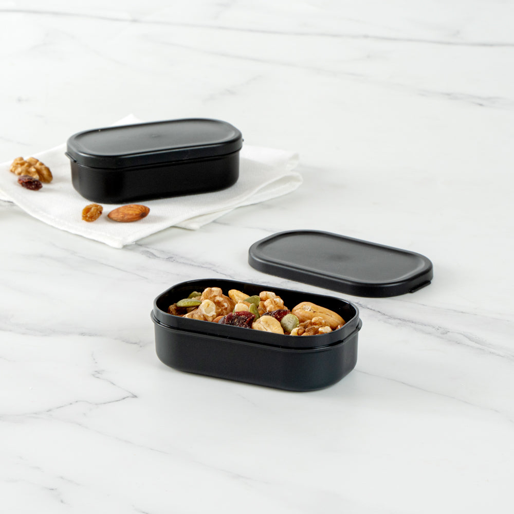 Bento Tek 3 oz Black Buddha Box Snack / Sauce Container - with Black Lid - 3 3/4" x 2 1/4" x 1 1/4" - 4 count box