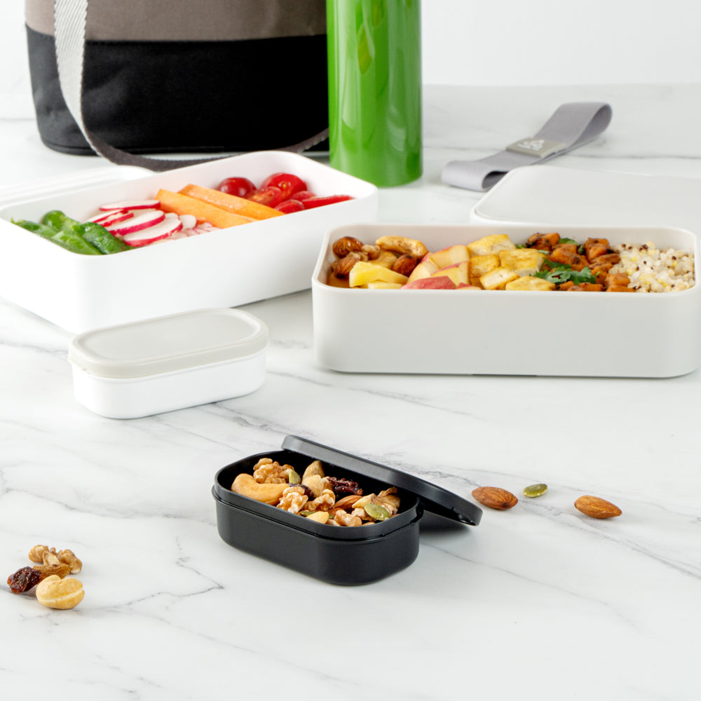Bento Tek 3 oz Black Buddha Box Snack / Sauce Container - with Black Lid - 3 3/4" x 2 1/4" x 1 1/4" - 4 count box