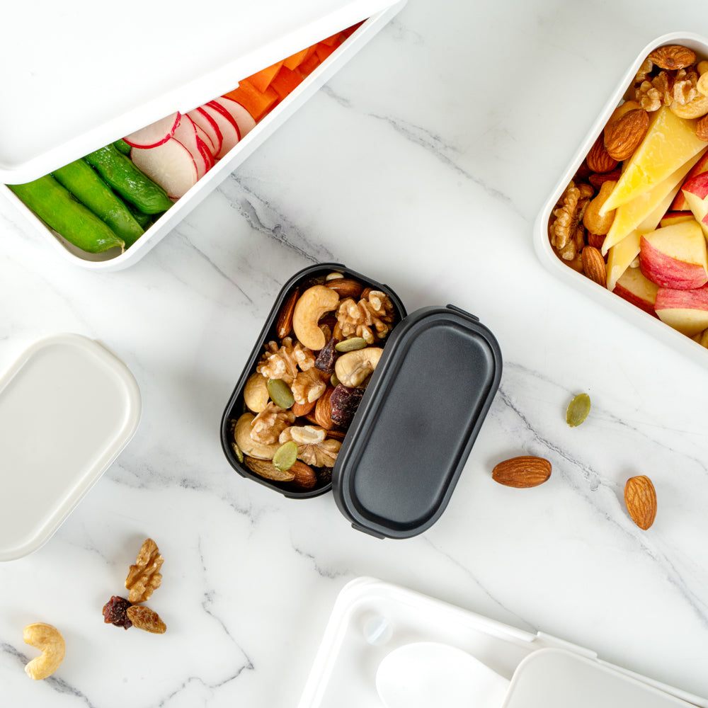 Bento Tek 3 oz Black Buddha Box Snack / Sauce Container - with Black Lid - 3 3/4" x 2 1/4" x 1 1/4" - 4 count box
