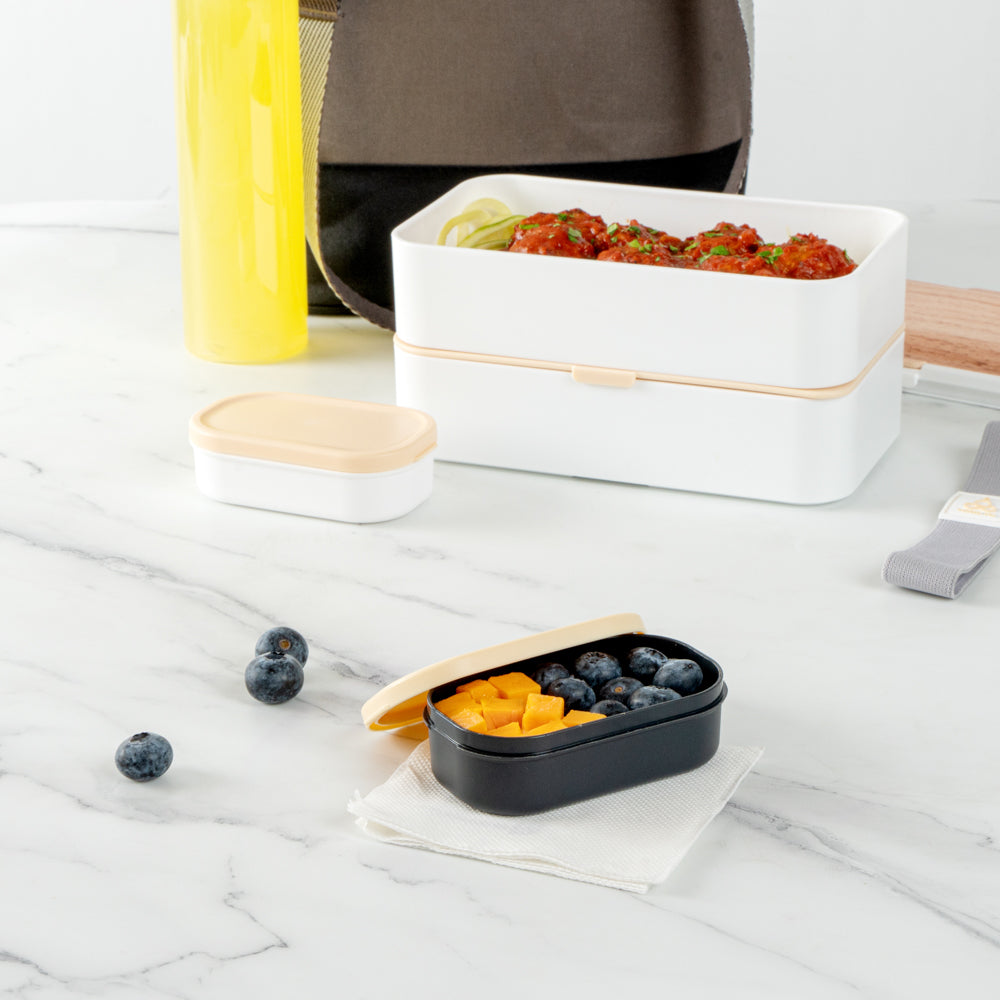 Bento Tek 3 oz Black Buddha Box Snack / Sauce Container - with Beige Lid - 3 3/4" x 2 1/4" x 1 1/4" - 4 count box