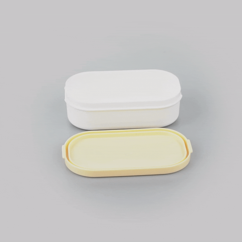 Bento Tek 3 oz White Buddha Box Snack / Sauce Container - with Beige Lid - 3 3/4" x 2 1/4" x 1 1/4" - 4 count box
