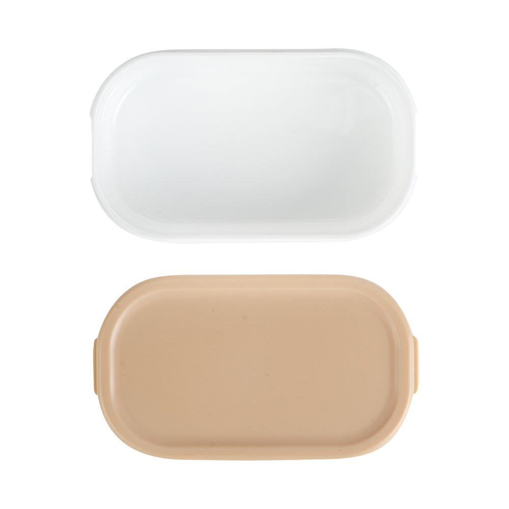 Bento Tek 3 oz White Buddha Box Snack / Sauce Container - with Beige Lid - 3 3/4" x 2 1/4" x 1 1/4" - 4 count box