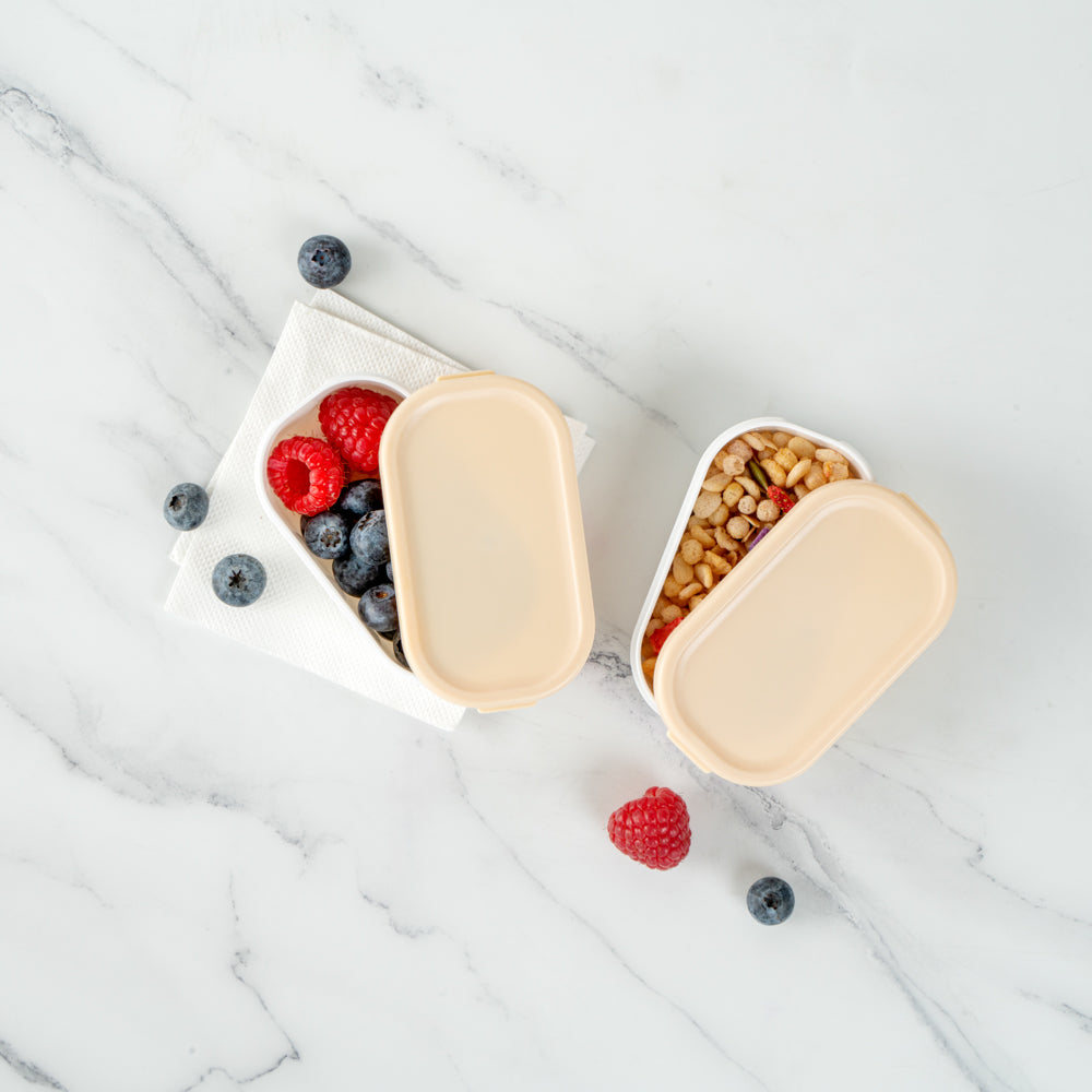 Bento Tek 3 oz White Buddha Box Snack / Sauce Container - with Beige Lid - 3 3/4" x 2 1/4" x 1 1/4" - 4 count box