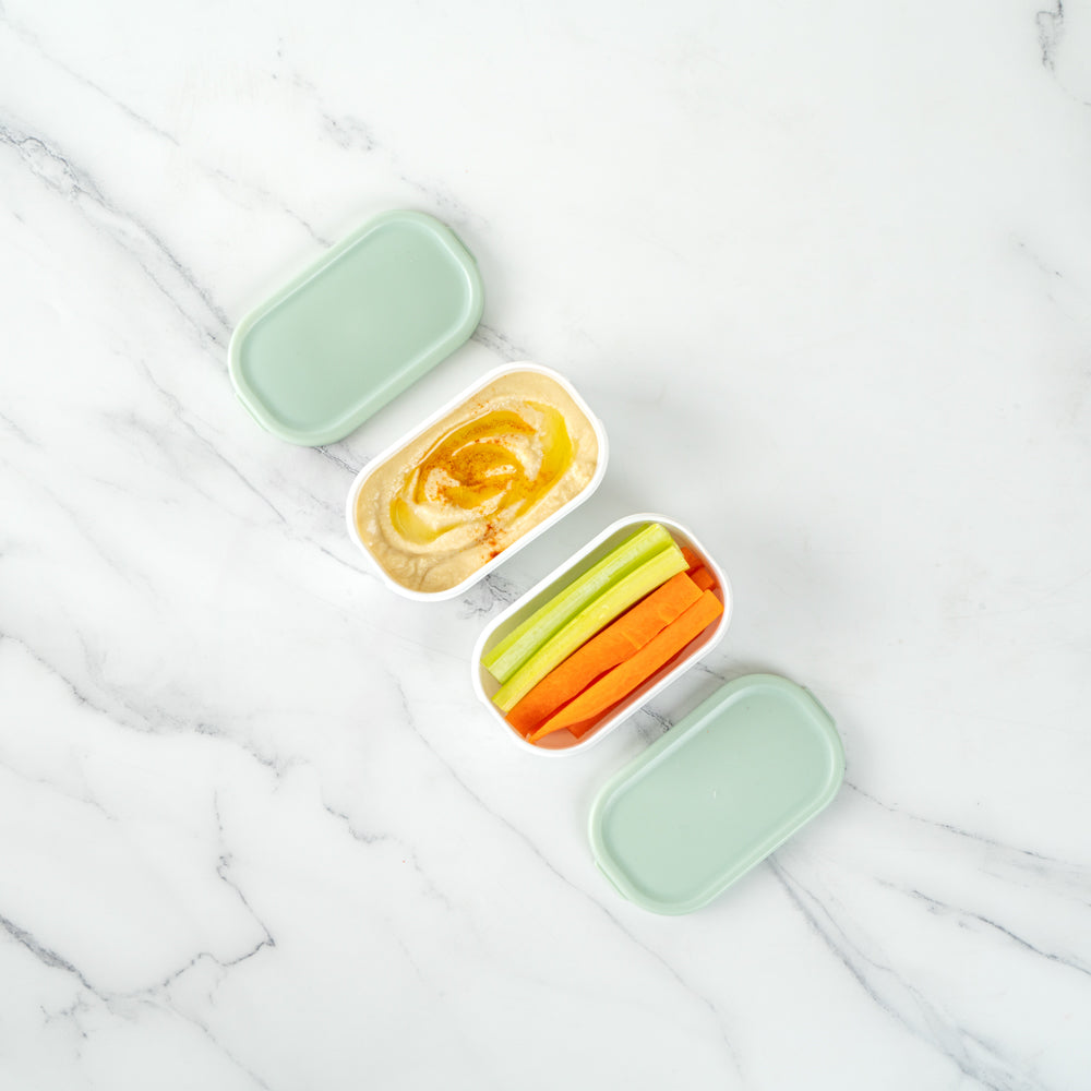 Bento Tek 3 oz White Buddha Box Snack / Sauce Container - with Green Lid - 3 3/4" x 2 1/4" x 1 1/4" - 4 count box