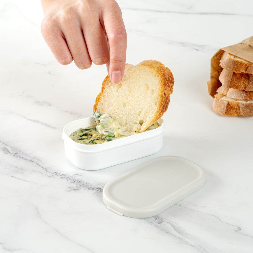 Bento Tek 3 oz White Buddha Box Snack / Sauce Container - with Gray Lid - 3 3/4" x 2 1/4" x 1 1/4" - 4 count box