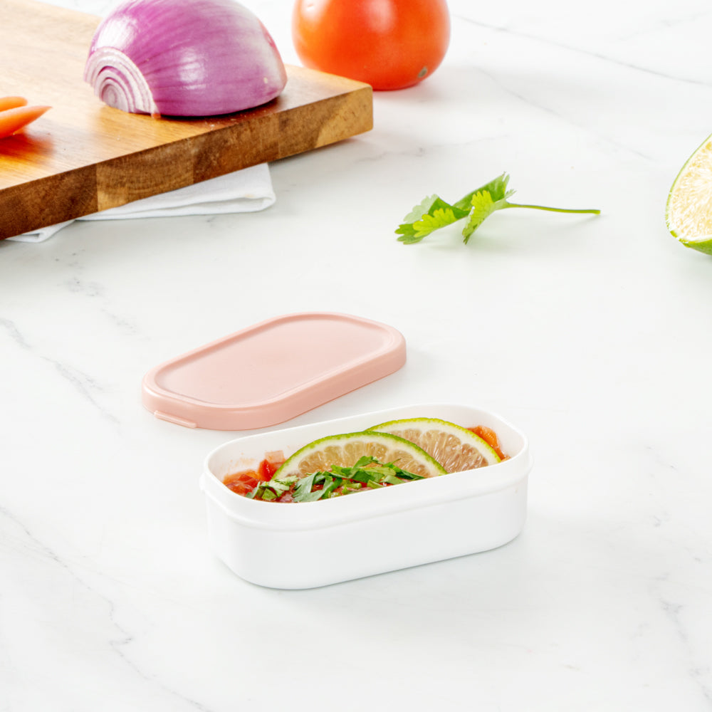 Bento Tek 3 oz White Buddha Box Snack / Sauce Container - with Pink Lid - 3 3/4" x 2 1/4" x 1 1/4" - 4 count box