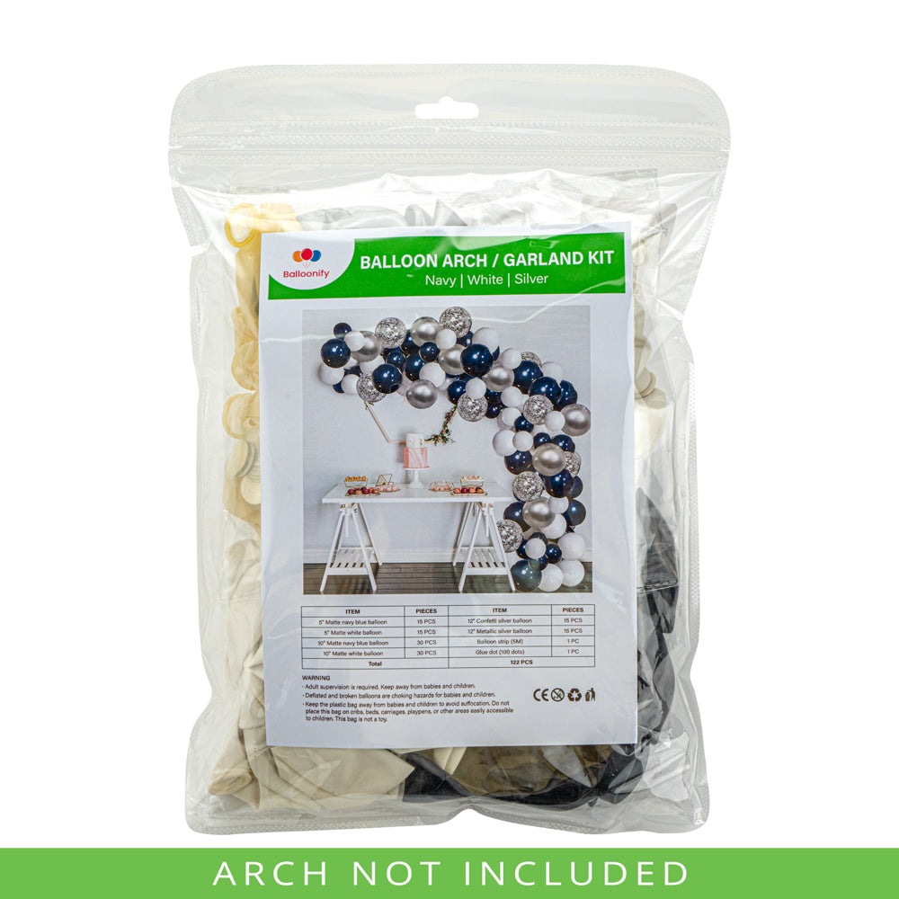 Balloonify Navy, White and Silver Balloon Arch / Garland Kit - 122 Pieces - 1 count box