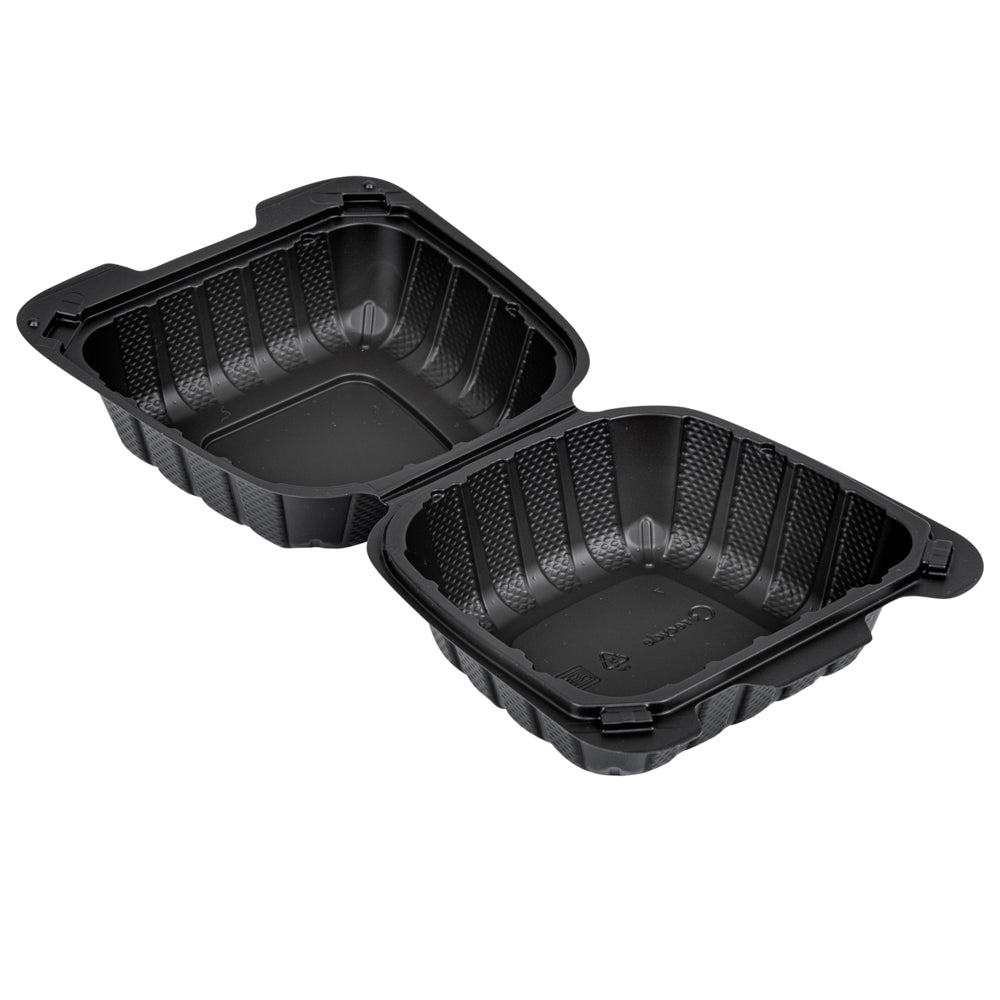 Thermo Tek 18 oz Black Mineral-Filled Plastic Clamshell Container - 6" x 6" x 3" - 100 count box