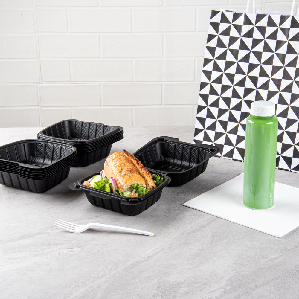 Thermo Tek 18 oz Black Mineral-Filled Plastic Clamshell Container - 6" x 6" x 3" - 100 count box