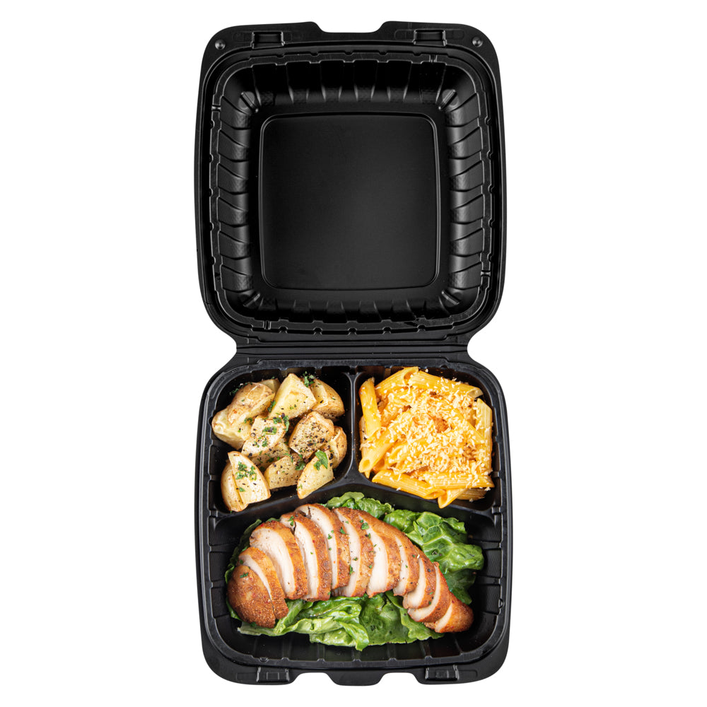 Thermo Tek 28 oz Black Mineral-Filled Plastic Clamshell Container - 3 Compartments - 8" x 8" x 3" - 100 count box