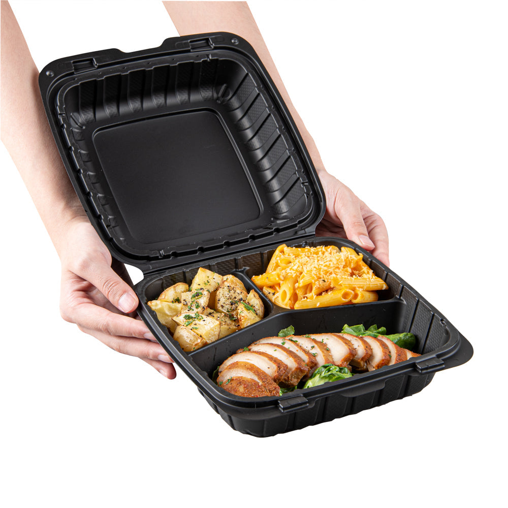 Thermo Tek 28 oz Black Mineral-Filled Plastic Clamshell Container - 3 Compartments - 8" x 8" x 3" - 100 count box