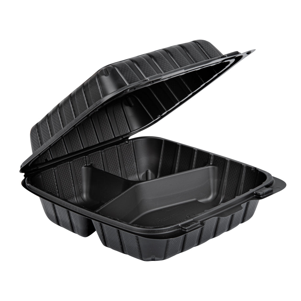 Thermo Tek 28 oz Black Mineral-Filled Plastic Clamshell Container - 3 Compartments - 8" x 8" x 3" - 100 count box