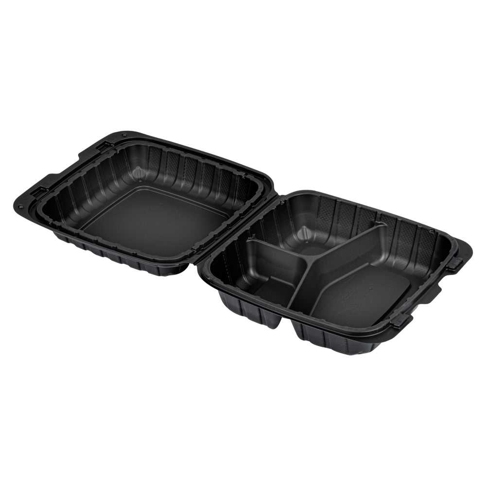 Thermo Tek 28 oz Black Mineral-Filled Plastic Clamshell Container - 3 Compartments - 8" x 8" x 3" - 100 count box