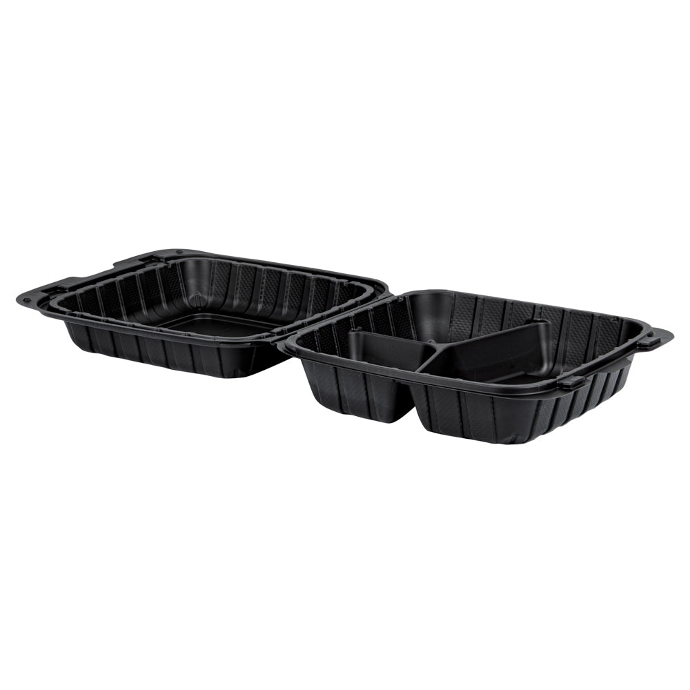 Thermo Tek 28 oz Black Mineral-Filled Plastic Clamshell Container - 3 Compartments - 8" x 8" x 3" - 100 count box