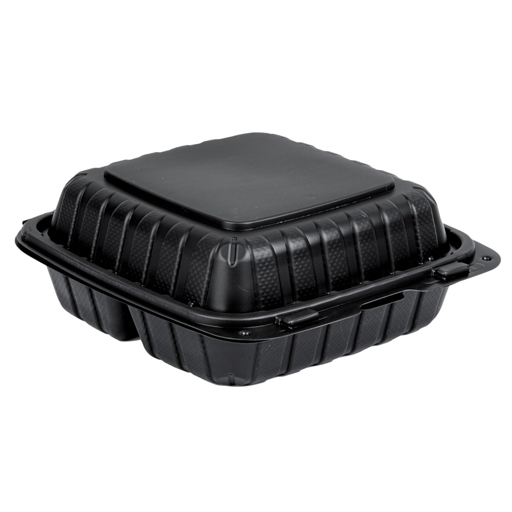 Thermo Tek 28 oz Black Mineral-Filled Plastic Clamshell Container - 3 Compartments - 8" x 8" x 3" - 100 count box
