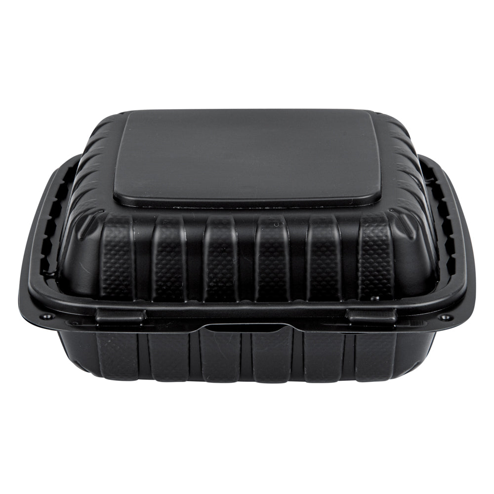 Thermo Tek 28 oz Black Mineral-Filled Plastic Clamshell Container - 3 Compartments - 8" x 8" x 3" - 100 count box