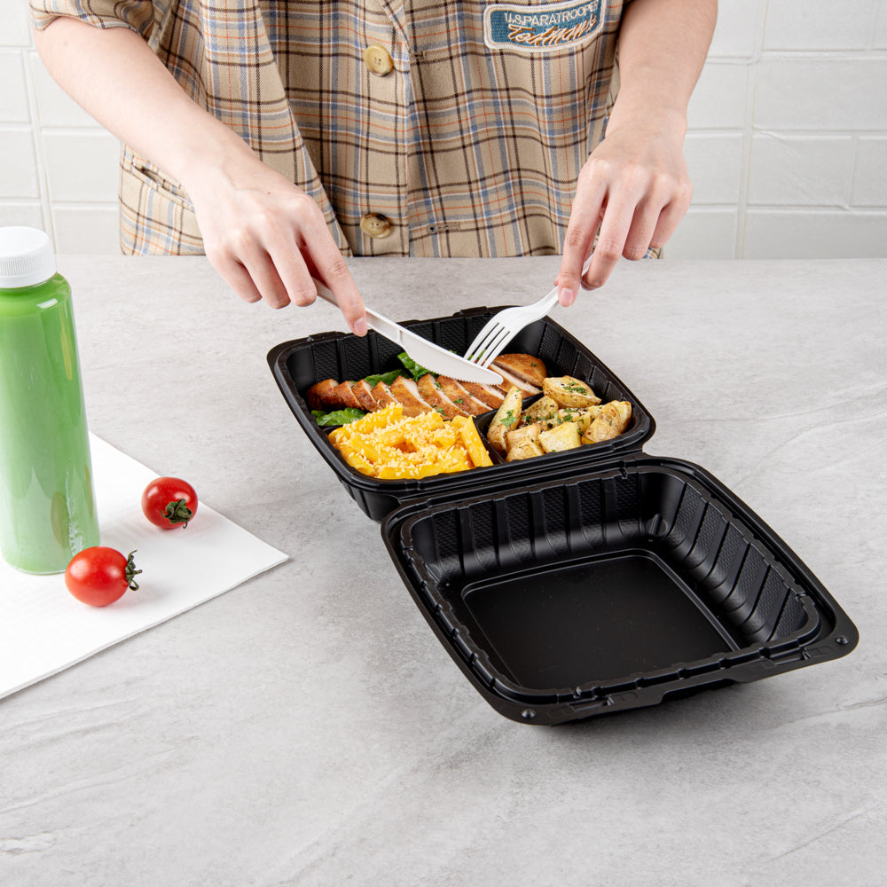 Thermo Tek 28 oz Black Mineral-Filled Plastic Clamshell Container - 3 Compartments - 8" x 8" x 3" - 100 count box