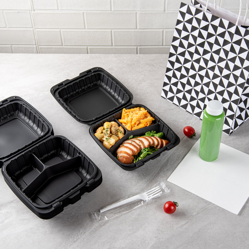 Thermo Tek 28 oz Black Mineral-Filled Plastic Clamshell Container - 3 Compartments - 8" x 8" x 3" - 100 count box