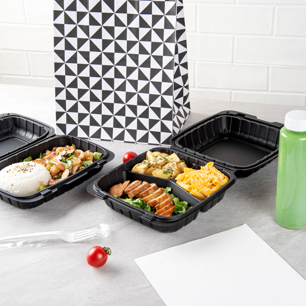 Thermo Tek 28 oz Black Mineral-Filled Plastic Clamshell Container - 3 Compartments - 8" x 8" x 3" - 100 count box
