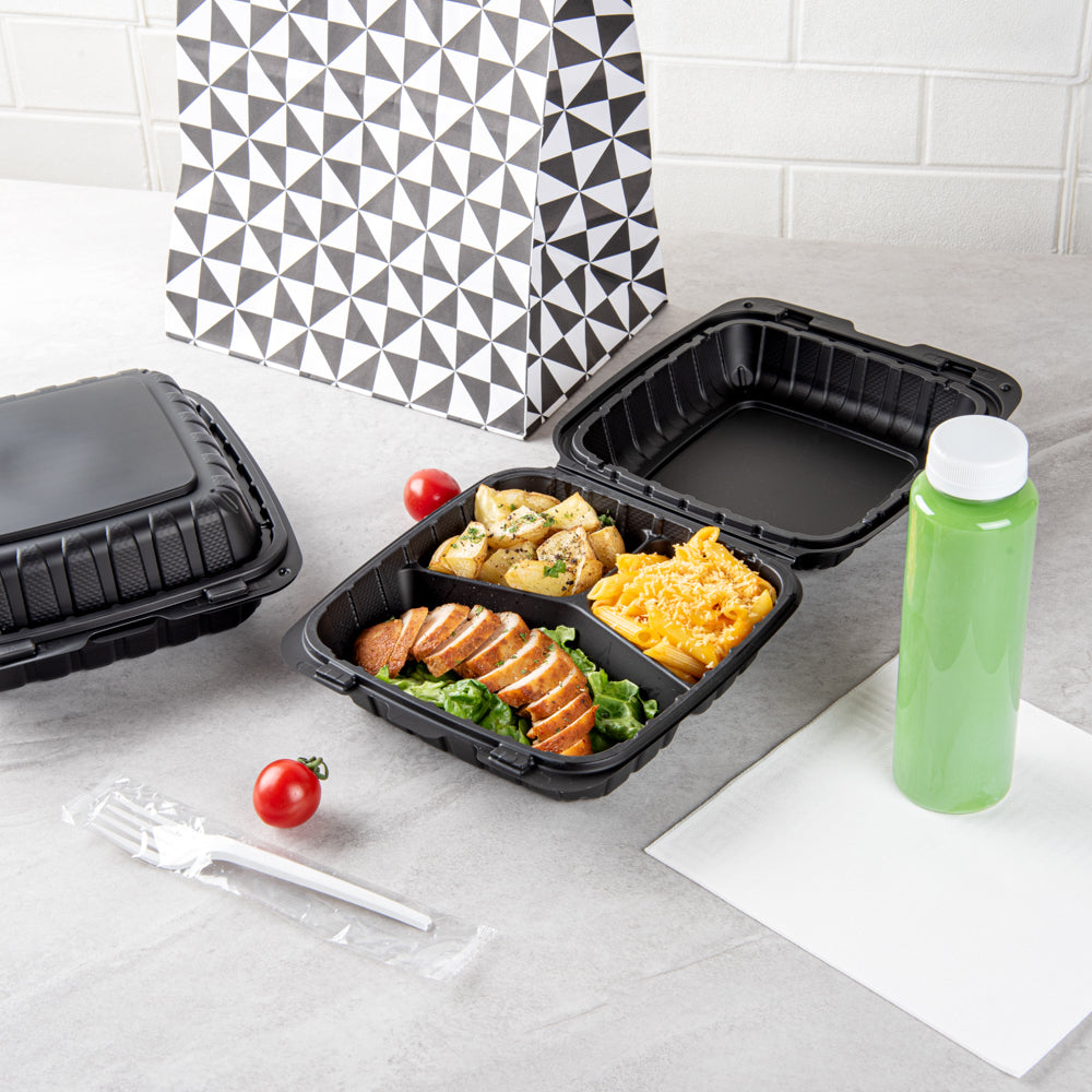 Thermo Tek 28 oz Black Mineral-Filled Plastic Clamshell Container - 3 Compartments - 8" x 8" x 3" - 100 count box