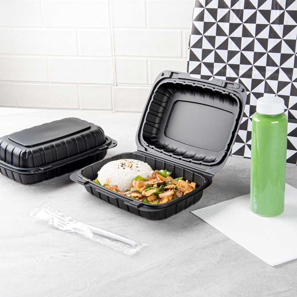 Thermo Tek 30 oz Black Mineral-Filled Plastic Clamshell Container - 9" x 6" x 3" - 10 count box