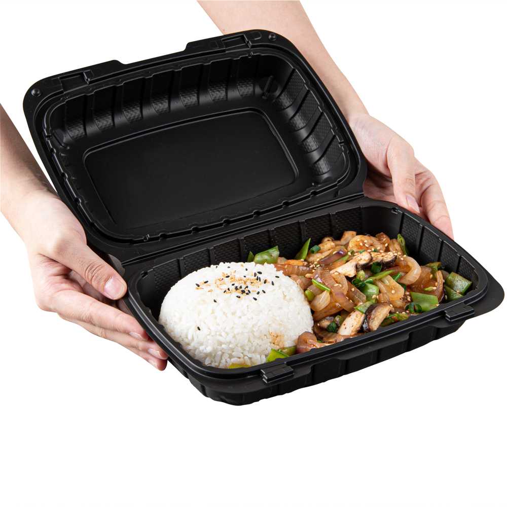 Thermo Tek 30 oz Black Mineral-Filled Plastic Clamshell Container - 9" x 6" x 3" - 10 count box