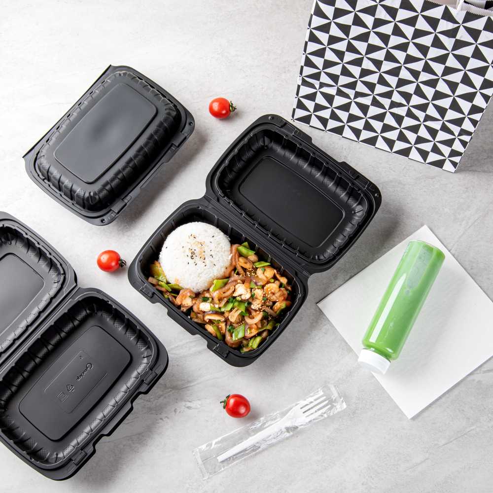 Thermo Tek 30 oz Black Mineral-Filled Plastic Clamshell Container - 9" x 6" x 3" - 10 count box