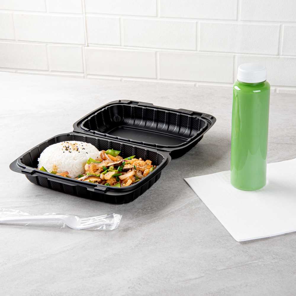 Thermo Tek 30 oz Black Mineral-Filled Plastic Clamshell Container - 9" x 6" x 3" - 10 count box
